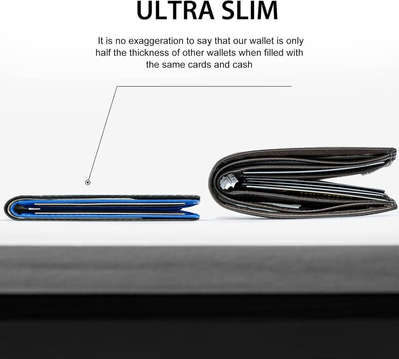 GSOIAX Mens Slim Wallet for Men Minimalist Genuine Leather Carbon Fiber Rfid Blocking Bifold Credit Card Holder With Gift Box (Blue and Carbon Black) - Image 2